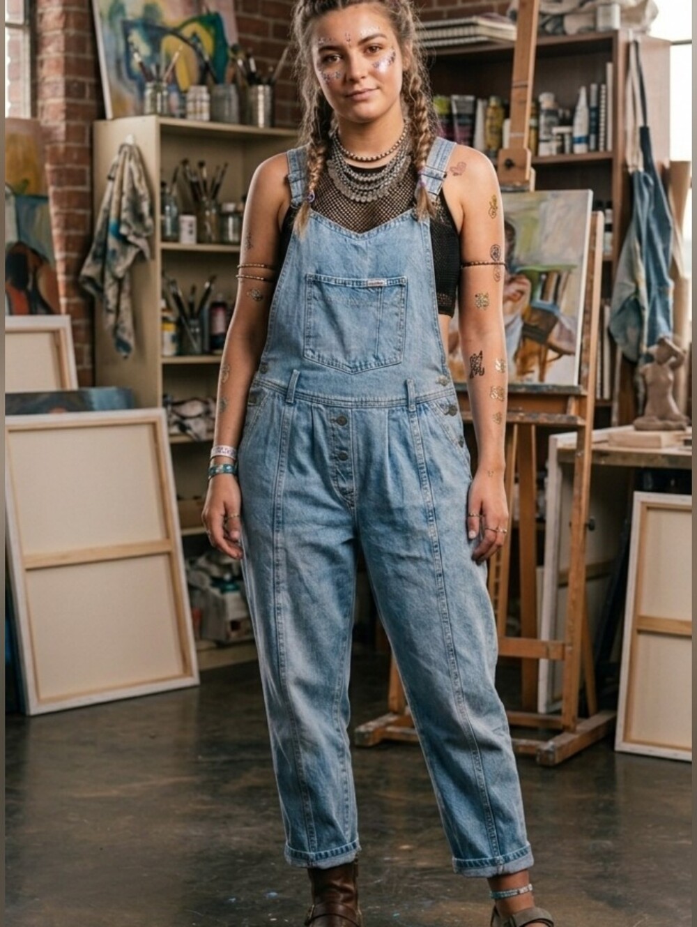 Vintage Retro James West Blue Denim Overalls Artsy Hippie Festival Size 27